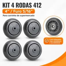 Kit 4 Rodas 412 Rolamento Esfera PVC 4 Pol Furo 5/16 Carrinho Supermercado