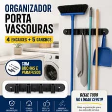 Organizador Suporte Porta Vassouras Rodos Parede 4 Encaixes 5 Ganchos