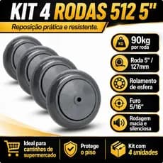 Kit 4 Rodas 512 PVC 5 Pol Para Carrinho Supermercado Rolamento 90kg
