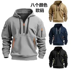 Cross-Border outono inverno moletom masculino com capuz meio zíper Multi-bolso pulôver fita masculina moletom com capuz