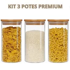 Kit 3 Potes de Vidro Hermético 1200ml Tampa Bambu Mantimento