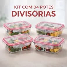 Kit Com 4 Potes 640ml Divisória Hermético Marmita