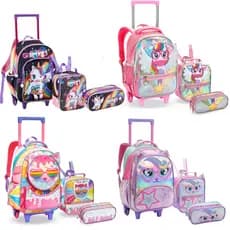 Mochila Infantil Menina Escolar Kit de Rodinha Reforçado com Lancheira Térmica e Estojo Unicórnio Gatinha Holográfica