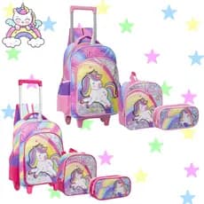 Mochila Infantil Menina Rodinha Escolar Unicórnio Com Chifre 3D e Lancheira Térmica e Estojo