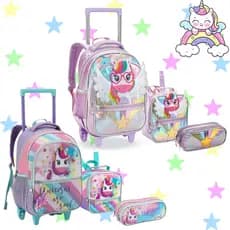 Mochila Feminina de Rodinha Menina Infantil Escolar Unicórnio Pop IT Kit Lancheira Térmica e Estojo