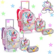 Mochila Infantil Menina Rodinha Escolar Feminina Unicórnio 3D Holográfica Kit Lancheira Térmica e Estojo