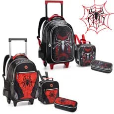 Mochila Infantil Menino Rodinha Spider Aranha Holográfico Escolar Reforçado Com Lancheira Térmica e Estojo Duplo