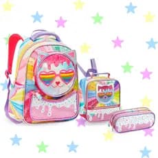 Mochila Infantil Menina Escolar Gatinha Holográfica com Orelhas 3D Bolsa Feminina Kit Lancheira Térmica e Estojo Duplo