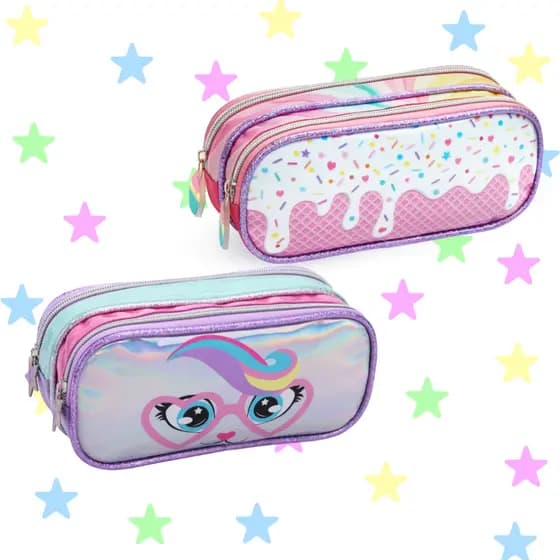 Estojo Infantil Menina Escolar Gatinha Holográfico Duplo