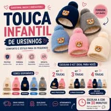 Kit 2 Gorro Touca de Frio Infantil Ursinho com Pompom Forrada Menina e Menino de Lã