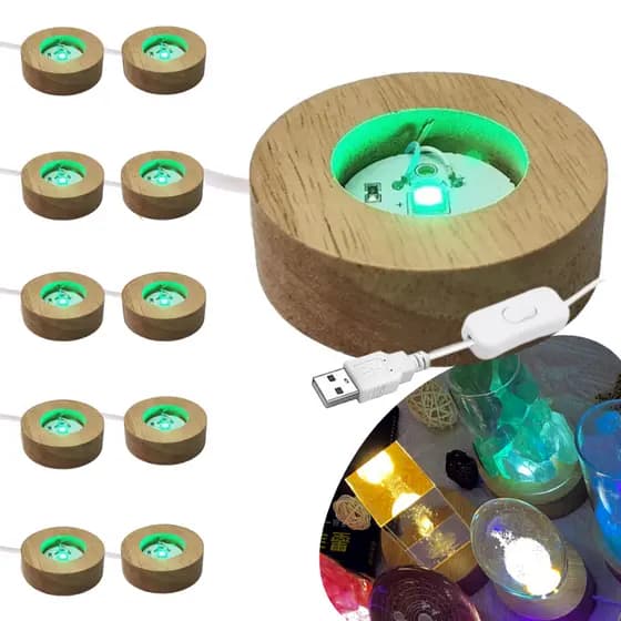 Kit 10 Bases LED Colorida de Madeira para Arte em Resina e Cristais – Decoração Elegante RGB 23220