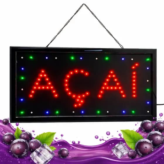 Luminária Painel Neon LED “AÇAI” Piscante Letreiro Comercial 48cm 110v Uso Interno Modelo LE2019ACAI