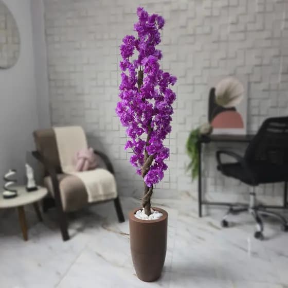 Flor Artificial Cerejeira Japonesa Roxa 150cm Com Vaso Marmorizado Pedra Decoração Sala