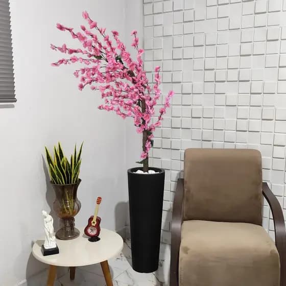 Arranjo Artificial Cerejeira Rosa Galho Curvo Vaso Para Planta Pedra Decoração