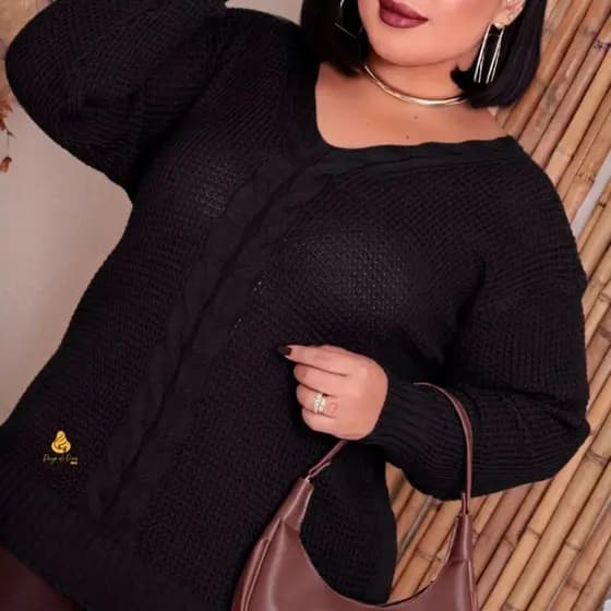 Blusa Feminina Tricô Plus Size Gola V Trança Estilosa Inverno Suéter Frio Manga Longa Tricô Grosso