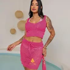 Conjunto Saída de Praia Saia e Cropped de Tricô Feminino Moda Praia