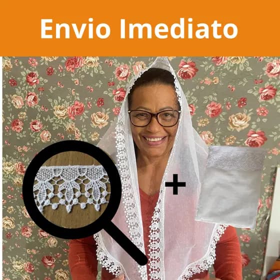 VÉU CCB ADULTO TECIDO ALGODÃO COM RENDA GUIPIR MEDIA VIEIRA QUADRADO OU REDONDO + PORTA VÉU