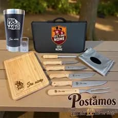 Kit Churrasco Personalizado 8 peças Facas Garfo copo Térmico com estojo Nome time Logo Empresa