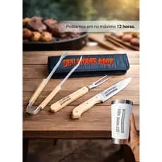 Kit Churrasco 3 Peças Faca Garfo Pegador Copo Térmico com Estojo Personalizados Nome Time Logo Empresa