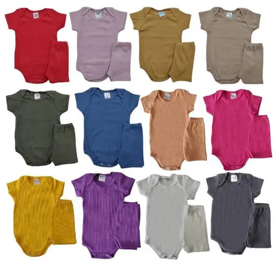 Kit 5 Conjuntos Body Liso Verão CANELADO Bebê 05 Bodys e 05 Shorts Cores Sortidas
