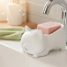 Saboneteira de Gatinho Porta Sabão Drenagem Automática Suporte Divertido Banheiro Infantil Pet Lover