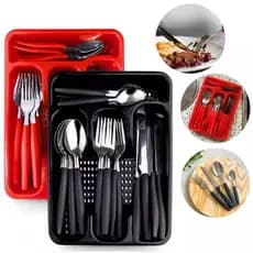 Kit Faqueiro 25 Peças Aço Inox com Suporte Organizador para Gaveta Cozinha Preto e Vermelho Completo Resistente Kit 25