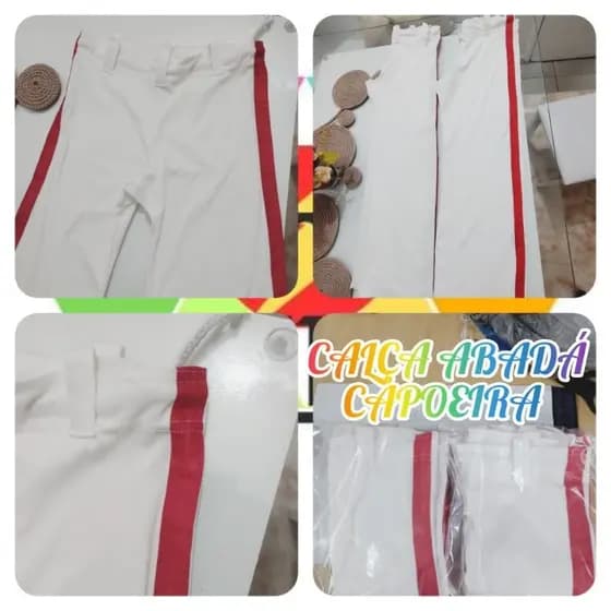 Calça abadá Capoeira branca listra vermelha 100% poliamida