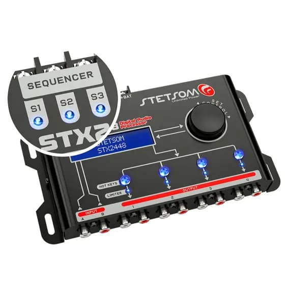 Processador de Áudio Digital STX-2448 - Equalização e Crossover com 3 Saídas Remotas Sequenciáveis
