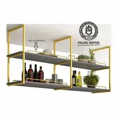 PRATELEIRA INDUSTRIAL SUSPENSA/PAREDE NICHO SUPORTES 50X25 DOURADO COM PRATELEIRA CINZA