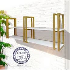 PRATELEIRA SUSPENSA OU PAREDE 6 SUPORTES DOURADO PRATELEIRA BRANCA(KIT COMPLETO COM SUPORTES E PRATELEIRAS)