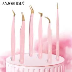 ANJOSIRMA Pinças de aço inoxidável para extensão dos cílios, pinças anti-estáticas de alta precisão, cor rosa, 1 parte