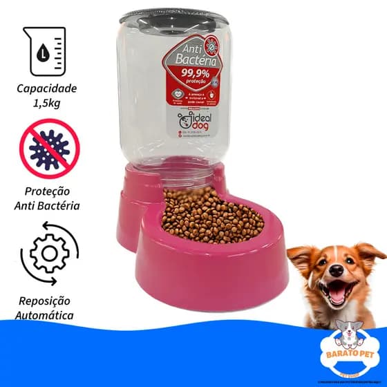 Comedouro Automático Rosa Para Cães E Gatos Antibacteriano 1,5kg Ideal Dog