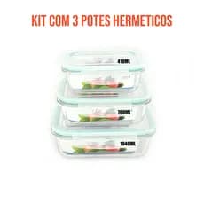 Kit 3 Potes de Vidro Hermético com Tampa 4 Travas Marmita e Conservação 410ML 700ML 1040ML