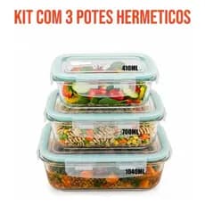 Kit 3 Potes Vidro Tampa Hermética 410ml + 700ml + 1040ml Marmita Armazenar Alimento Comidas Refeição