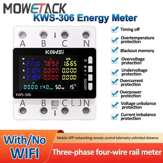 KWS-306 Medidor De Energia 3 Fase 4 Fio Tela Colorida Multi-Função AC 85-290V Voltímetro Tensão Amps Watt Kwh