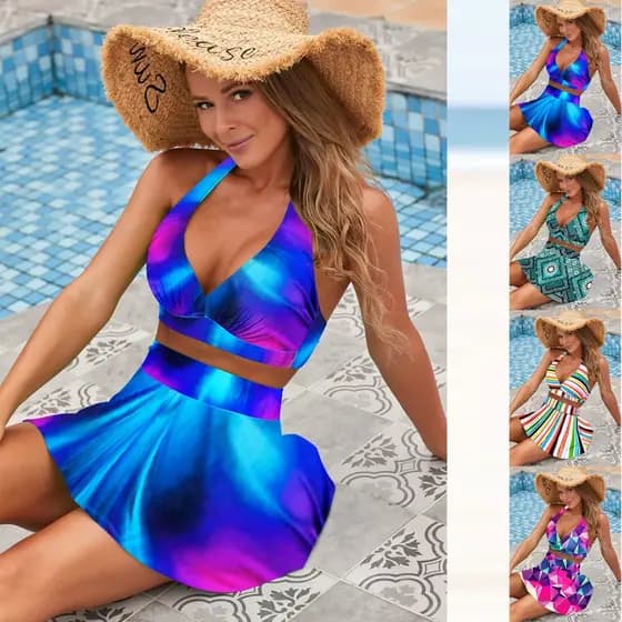 Multicolorido biquini feminino plu size com bojo cintura alta Rosa Verde novo estoque com saia