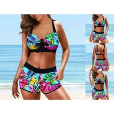 Conjunto De Biquíni Feminino De Cintura Alta Com Estampa Requintada Maiô De Praia