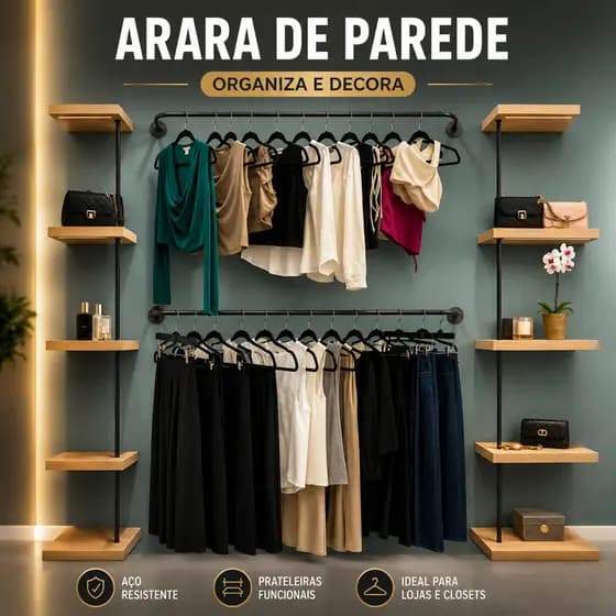 Arara De Parede Roupa Cabideiro Loja Closet Quarto Reta 80cm 100cm 120cm Moderna