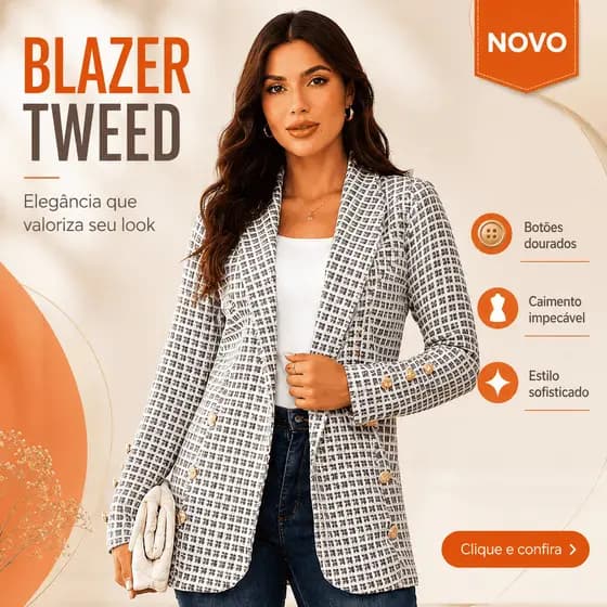 Blazer Feminino Xadrez Tweed Alongado Botões Dourados Elegante Alfaiataria Premium Inverno Chique