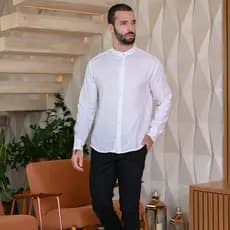 Camisa Social Masculina Manga Longa Gola Padre Tecido Linho Moda Leve Alfaiataria Minimalista