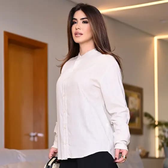 Camisa Social Feminina Manga Longa Gola Padre Tecido Linho Leve Moda Alfaiataria Tendencia Camisete