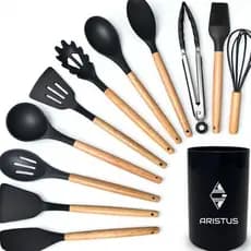Kit 12 Utensílios De Cozinha Em Silicone Premium Com Cabo De Madeira Resistentes Ao Calor Até 230°c, Antiaderentes
