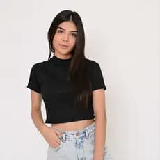 Cropped Feminino Manga Curta Gola Alta Canelado