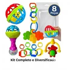 Kit 8 Pcs Chocalho Bebe Mordedor Macio Sensorial Criança Colorido Diversão