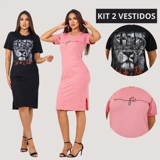 Kit 2 Vestido Feminino Fenda Lateral Gola Redonda Manga Curta Moda Casual Chique