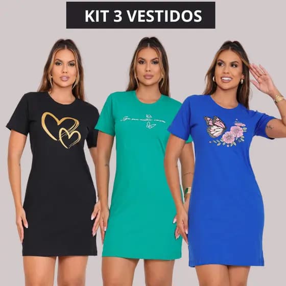 Kit 3 Vestidos Camisetão Moda Casual Soltinho Feminino Versátil Estiloso