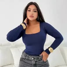 BLUSA FEMININA MANGA LONGA DECOTE QUADRADO FORRADA SUPLEX EM POLIAMIDA MODA BÁSICA ELEGANTE INVERNO FRIO