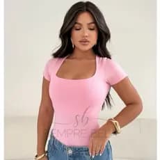 Body Feminino Manga Curta Decote Quadrado Suplex Com Forro Collant Casual Moda Verão
