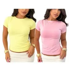 KIT 2 BABY TEE SLIM  FIT MODA FEMININA BLUSA MANGA CURTA LISA BÁSICA GOLA REDONDA SUPLEX PREMIUM COMPRESSÃO