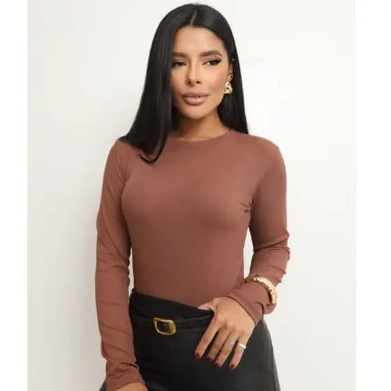 BLUSA FEMININA MANGA LONGA GOLA REDONDA BÁSICA SLIM SEGUNDA PELE MODA ELEGANTE INVERNO RIBANA PREMIUM